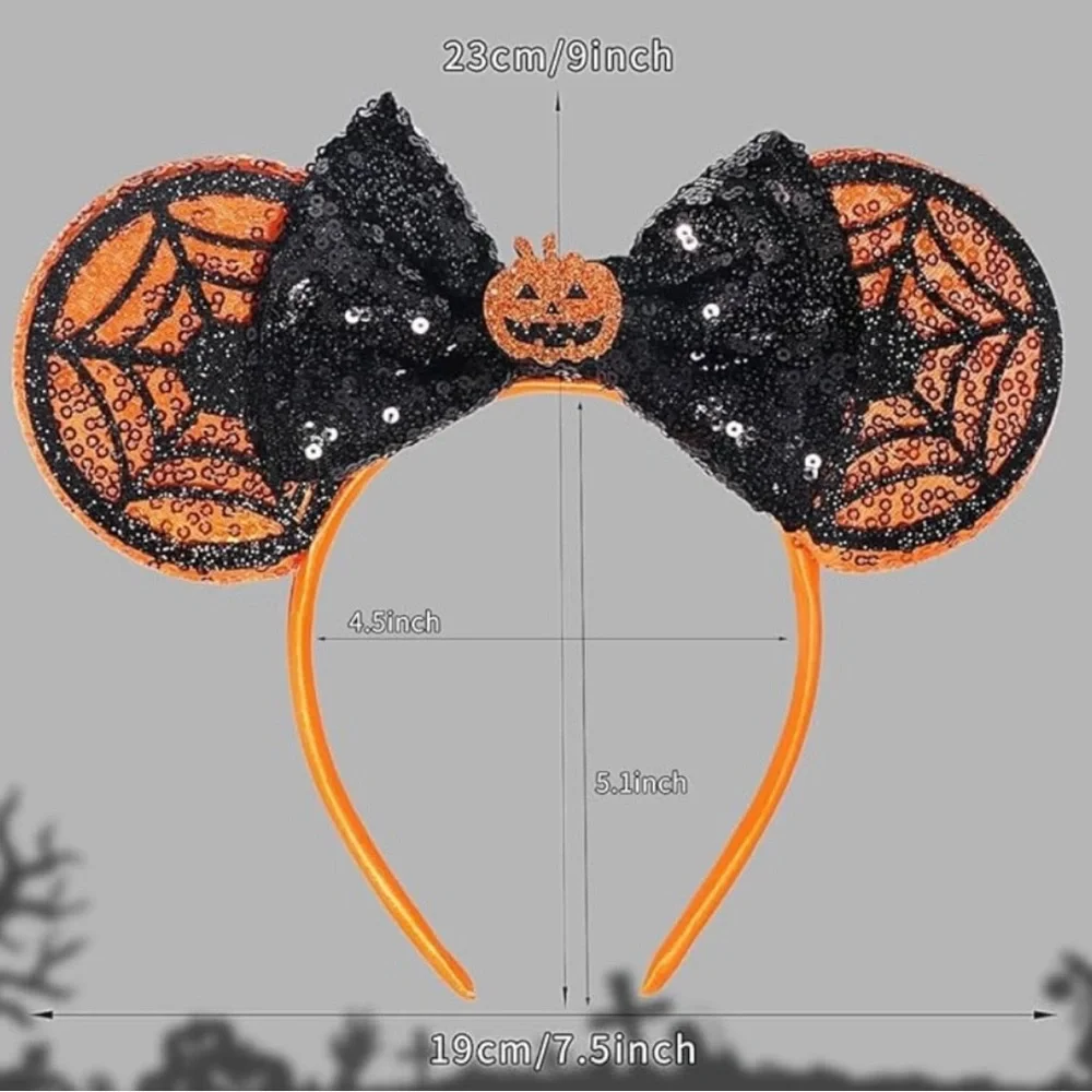 💞 New Halloween Pumpkin Spiderweb Sequin Mouse Ears Headband